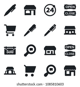 Set of vector isolated black icon - 24 around vector, shop, pen, store, search cargo, sold signboard, cafe building, open close, cart, storefront