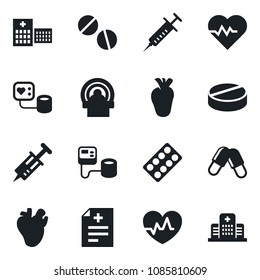 Set of vector isolated black icon - heart pulse vector, diagnosis, syringe, blood pressure, pills, blister, tomography, real, hospital