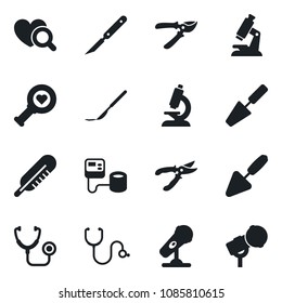 Set of vector isolated black icon - trowel vector, pruner, stethoscope, blood pressure, thermometer, heart diagnostic, microscope, scalpel, microphone