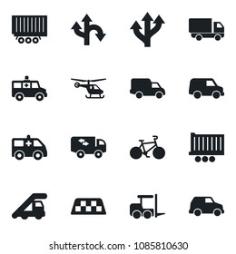 Set of vector isolated black icon - taxi vector, fork loader, ladder car, helicopter, ambulance, bike, route, truck trailer, delivery, moving