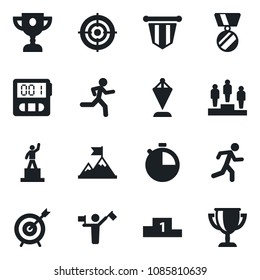 Set of vector isolated black icon - dispatcher vector, pedestal, pennant, medal, run, stopwatch, target, motivation, award cup