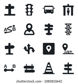 Set of vector isolated black icon - airport bus vector, security gate, signpost, border cone, route, navigation, traffic light, place tag, guidepost