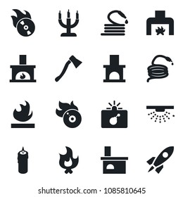 Set of vector isolated black icon - bomb in case vector, fire, hose, axe, fireplace, flammable, flame disk, candle, sprinkler, rocket