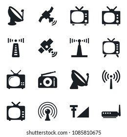 Set of vector isolated black icon - antenna vector, satellite, tv, radio, cellular signal, router