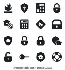 Set of vector isolated black icon - lock vector, flammable, protect, key, estate insurance, home, combination, crisis management