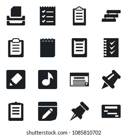 Set of vector isolated black icon - notepad vector, clipboard, paper pin, notes, music, checklist, tray, schedule