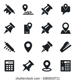 Set of vector isolated black icon - drawing pin vector, navigation, mobile tracking, paper, place tag, stapler, rolling, combination lock