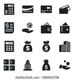Set of vector isolated black icon - credit card vector, checkroom, money bag, receipt, office building, combination lock, wallet, investment