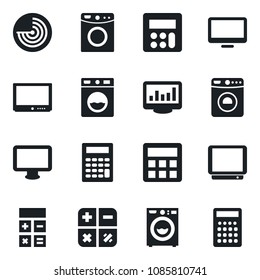 Set of vector isolated black icon - washer vector, radar, calculator, tv, monitor, statistics