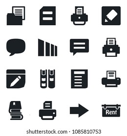 Set of vector isolated black icon - right arrow vector, document, printer, folder, sorting, message, notes, book, rent