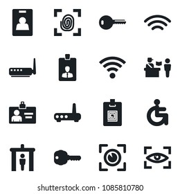 Set of vector isolated black icon - passport control vector, security gate, identity card, disabled, wireless, key, fingerprint, router, eye scan