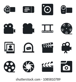 Set of vector isolated black icon - ticket vector, office, clapboard, film frame, reel, video camera, mobile, photo gallery