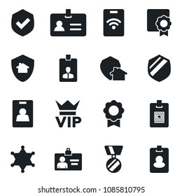 Set of vector isolated black icon - vip vector, identity, card, medal, shield, certificate, home protect, police, pass