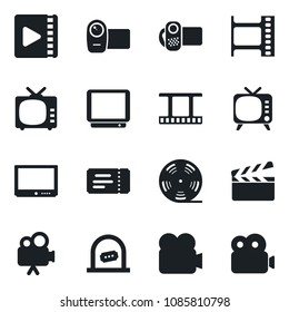 Set of vector isolated black icon - ticket vector, office, clapboard, film frame, reel, tv, video camera