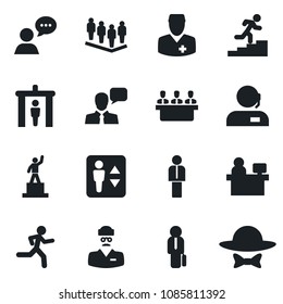Set of vector isolated black icon - security gate vector, elevator, manager, pedestal, team, place, run, doctor, speaker, support, meeting, career ladder, dress code