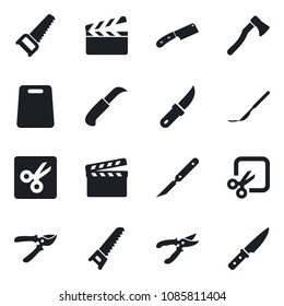 Set of vector isolated black icon - pruner vector, saw, garden knife, axe, scalpel, clapboard, cut, cutting board