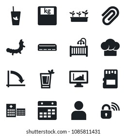 Set of vector isolated black icon - crisis graph vector, seedling, caterpillar, scales, hospital, user, sd, calendar, monitor statistics, paper clip, children room, air conditioner, cook hat