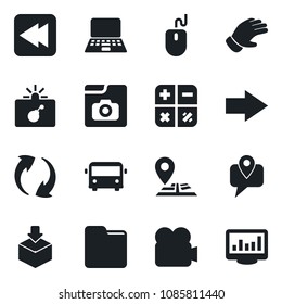 Set of vector isolated black icon - airport bus vector, bomb in case, right arrow, calculator, mouse, notebook pc, glove, navigation, mobile tracking, package, video camera, rewind, update, folder