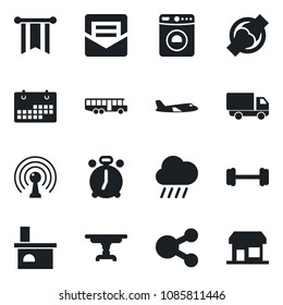 Set of vector isolated black icon - airport bus vector, alarm clock, washer, plane, rain, fireplace, barbell, joint, car delivery, antenna, mail, calendar, table, pennon, social media, storefront