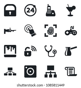 Set of vector isolated black icon - 24 around vector, boarding, stethoscope, gamepad, touch screen, radio phone, mobile camera, scanner, lock, cocktail, turkish coffee, fingerprint, wireless