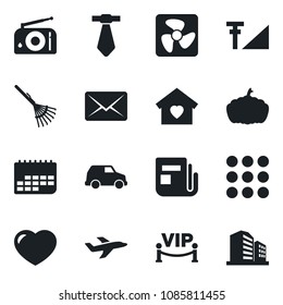 Set of vector isolated black icon - rake vector, pumpkin, plane, term, radio, news, heart, menu, cellular signal, sweet home, vip zone, fan, car, mail, tie, office building