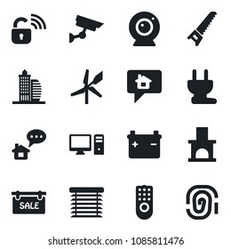 Set of vector isolated black icon - saw vector, fireplace, sale, office building, power plug, wireless lock, remote control, web camera, pc, jalousie, windmill, surveillance, battery, home message