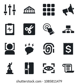 Set of vector isolated black icon - pedestal vector, brainstorm, greenhouse, pulse clipboard, receipt, loudspeaker, touch screen, menu, tuning, cut, face id, fridge, eye scan, fingerprint, hierarchy