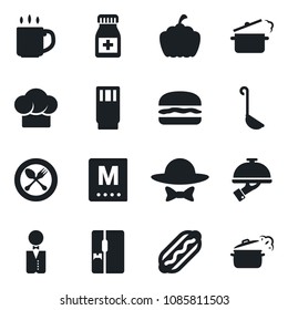 Set of vector isolated black icon - spoon and fork vector, pumpkin, pills bottle, coffee, fridge, waiter, cook hat, menu, drink, dress code, hamburger, hot dog, ladle, steaming pan