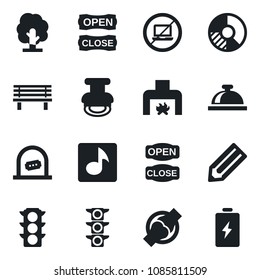 Set of vector isolated black icon - no laptop vector, reception bell, ticket office, pencil, circle chart, tree, bench, joint, traffic light, music, stamp, fireplace, open close, battery