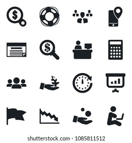 Set of vector isolated black icon - manager place vector, mobile tracking, group, palm sprout, clock, crisis, money search, investment, flag, calculator, schedule, management, presentation