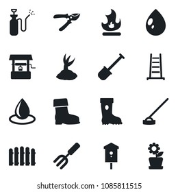 Set of vector isolated black icon - garden fork vector, shovel, fence, ladder, sprout, pruner, boot, fire, water drop, well, hoe, bird house, sprayer, flower in pot