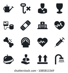 Set of vector isolated black icon - watering can vector, heart pulse, syringe, blood pressure, patch, tomography, broken bone, diet, hospital, doctor, client, fragile, up side sign, no hook