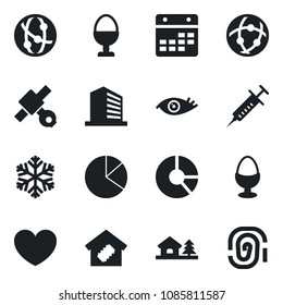 Set of vector isolated black icon - office building vector, circle chart, heart, syringe, eye, satellite, network, calendar, pie graph, house with tree, smart home, egg stand, snowflake, fingerprint