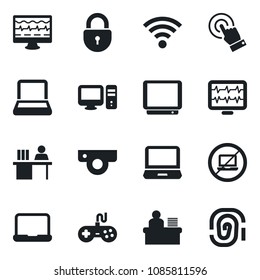 Set of vector isolated black icon - no laptop vector, lock, monitor pulse, gamepad, tv, touch screen, pc, wireless, manager desk, notebook, web camera, fingerprint