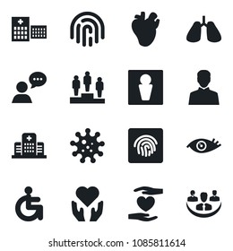 Set of vector isolated black icon - male vector, pedestal, disabled, heart hand, lungs, real, eye, hospital, virus, speaker, user, fingerprint id, company