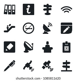 Set of vector isolated black icon - escalator vector, no smoking, reception, signpost, satellite antenna, notes, wireless, identity card, paper binder, pen, information, guidepost