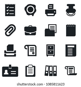 Set of vector isolated black icon - identity vector, notepad, document, stamp, printer, folder, clipboard, paper clip, checklist, binder, tray, archive box, case, contract