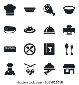 Set of vector isolated black icon - spoon and fork vector, cook, dish, restaurant table, serviette, cafe, hat, wine card, reserved, waiter, steak, ham, bowl, sushi, storefront