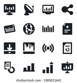 Set of vector isolated black icon - growth statistic vector, monitor, document reload, diagnosis, barcode, satellite antenna, network, scanner, download, statistics, bar graph, wireless
