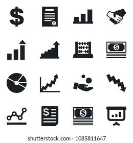Set of vector isolated black icon - growth statistic vector, dollar sign, abacus, crisis graph, cash, receipt, bar, pie, point, contract, handshake, investment, presentation
