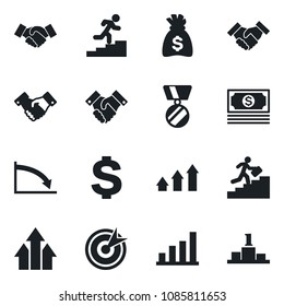 Set of vector isolated black icon - handshake vector, dollar sign, medal, money bag, cash, bar graph, career ladder, target, arrow up, crisis, pedestal