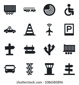 Set of vector isolated black icon - airport tower vector, plane radar, bus, parking, signpost, alarm car, border cone, disabled, route, traffic light, truck trailer, guidepost