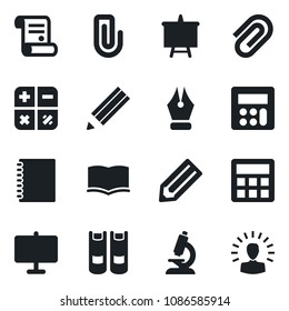 Set of vector isolated black icon - book vector, calculator, presentation board, pencil, contract, microscope, copybook, paper clip, ink pen, shining head