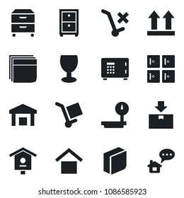 Set of vector isolated black icon - safe vector, checkroom, bird house, fragile, cargo, warehouse storage, up side sign, no trolley, package, heavy scales, blank box, archive, home message