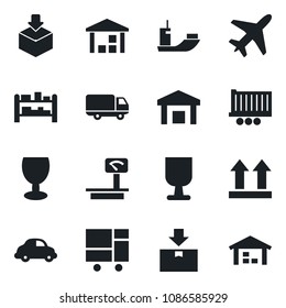 Set of vector isolated black icon - plane vector, sea shipping, truck trailer, car delivery, consolidated cargo, fragile, up side sign, warehouse, package, heavy scales, rack