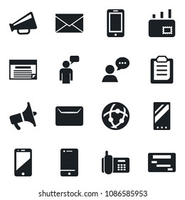 Set of vector isolated black icon - mobile phone vector, speaking man, mail, office, loudspeaker, cell, speaker, network, clipboard, schedule