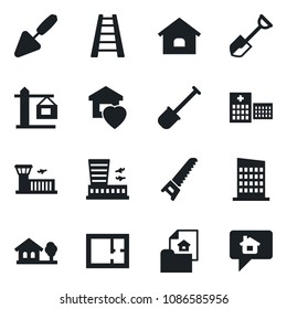 Set of vector isolated black icon - airport building vector, trowel, shovel, ladder, saw, hospital, house, with tree, plan, estate document, sweet home, city, crane, message