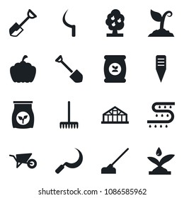 Set of vector isolated black icon - job vector, shovel, rake, wheelbarrow, sproute, hoe, sickle, plant label, pumpkin, greenhouse, fertilizer, drip irrigation, fruit tree