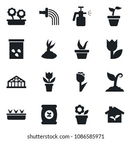 Set of vector isolated black icon - flower in pot vector, seedling, watering, sproute, greenhouse, seeds, garden sprayer, fertilizer, tulip, eco house