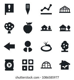 Set of vector isolated black icon - left arrow vector, plant label, greenhouse, pond, fertilizer, important flag, application, point graph, house with tree, fruit, estate agent, apple, eco
